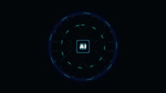 Futuristic circular display featuring an AI chip at its core with glowing teal lines and blue accents