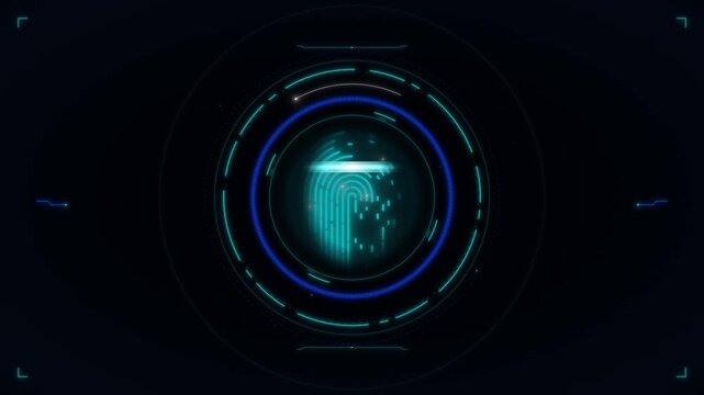 Futuristic digital fingerprint scanner interface with glowing cyan biometric identification lines on a dark background