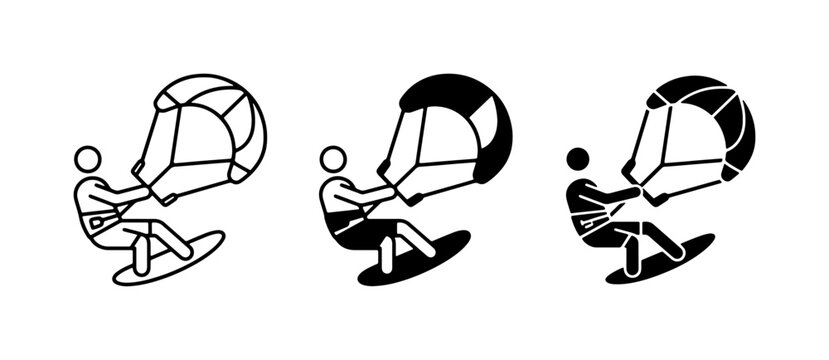Kitesurfing Icons, Kiteboarder Vector Set, Water Sports Silhouette