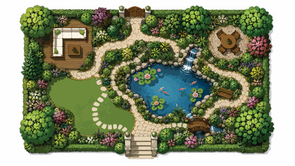 Fototapeta premium Garden landscape design top view vector, backyard plan with koi pond and patio furniture, aerial garden layout with stone paths and lush greenery