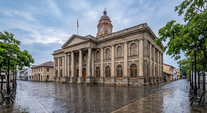 Historic Building with Clock Tower and Flagpole