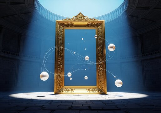 A massive ornate gold frame stands inside a circular stone observatory under soft moonlight as luminous white pearls drift through the air, beam, frame, window