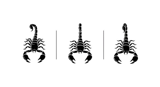 Three black scorpion silhouettes in different poses.