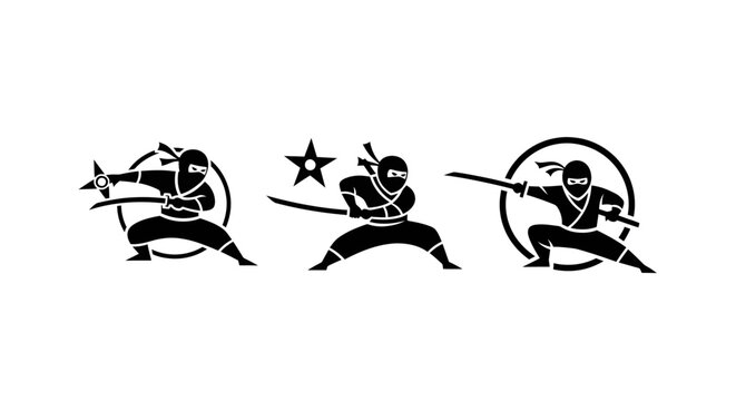 Dynamic Ninja Warriors with Traditional Weaponry Icons.