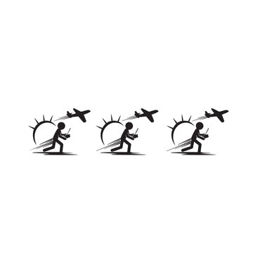 Silhouette figures surfing beneath flying airplanes and sun.
