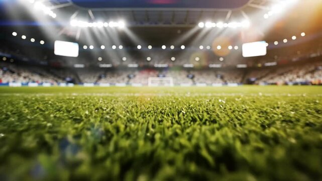 Grass field in a stadium with bright lights illuminating the pitch, empty seats visible in the background, creating an atmosphere for a sports event