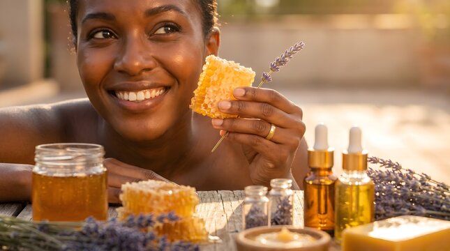 Woman smiling while holding natural honeycomb near organic lavender essential oils and homemade soap on a sunlit rustic wooden table.