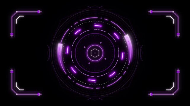Sci-fi holographic targeting system with vibrant purple glowing concentric circles and corner markers on a black background