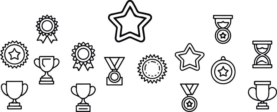 Clean outline achievement and reward illustration collection showing medals trophies timers and star icons arranged in structured multi row grid composition.