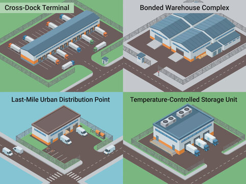The image shows various types of industrial buildings including a Cross-Dock Terminal, Bonded Warehouse Complex, Last Mile Urban Distribution Point, and Temperature-Controlled Storage Unit.