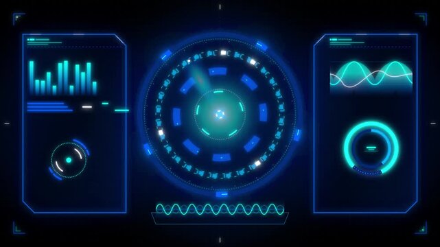 Advanced futuristic digital dashboard with blue glowing circular graphs, wave patterns, and data visualizations
