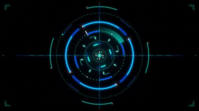 Blue and teal digital targeting reticle with concentric circles and corner brackets on dark