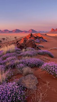 Beautiful sunset over desert superbloom with purple flowers and mountains in Namibia