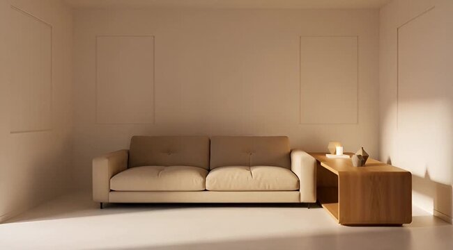 Minimalist living room with neutral color sofa and wooden coffee table, studio shot a clean, featuring a beige and a modern with decorative objects modern interior design home decor furniture