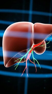 Detailed 3D Medical Illustration of Human Liver Anatomy Featuring Blood Vessels and Bile Ducts with Dynamic Blue Background for Educational Purposes