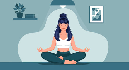 Obraz premium Meditating woman, yoga illustration, mindfulness vector, relaxation graphic, wellness artwork