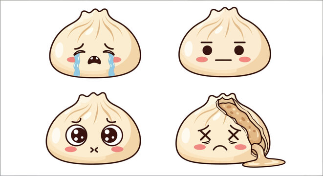 Cute dumpling faces, emoticon set, cartoon baozi characters, vector emoji collection
