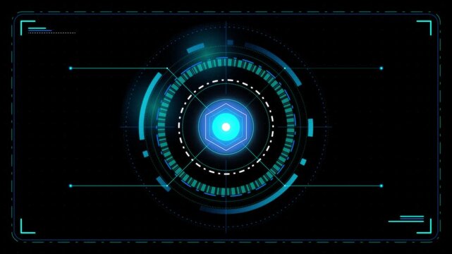 Futuristic hexagonal interface with glowing blue and teal concentric rings and data points on a black background