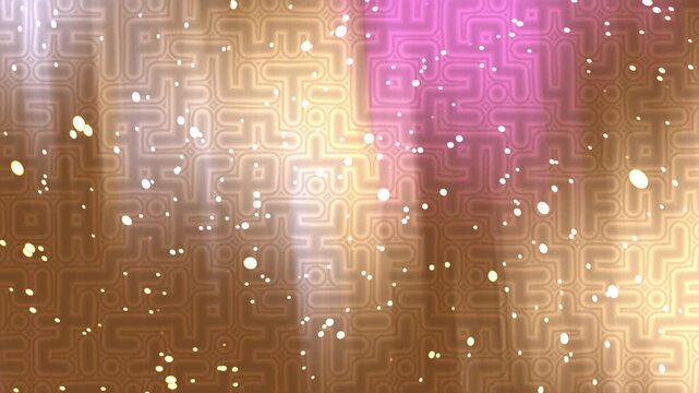 Abstract background with glowing light beams, intricate maze pattern, and floating white particles.