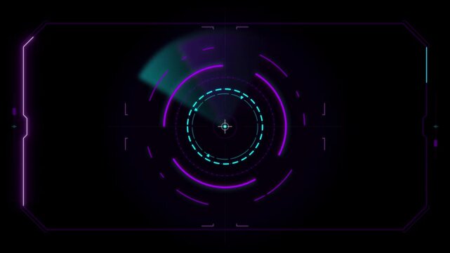 Futuristic holographic interface with glowing neon purple and teal circular targeting reticle on a dark background