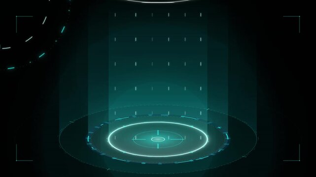 Futuristic target reticle with glowing teal and white light beams on black