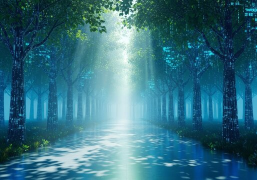 An immersive digital forest passageway with glowing blue and green light rays piercing through high-tech holographic branches and leaves, simulation, surreal, neon