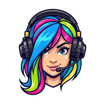 Anime style gamer girl with colorful hair and gaming headset