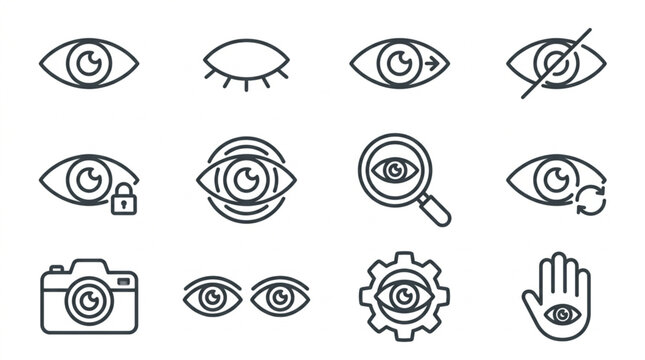 Collection of eye and camera icons representing vision and technology.