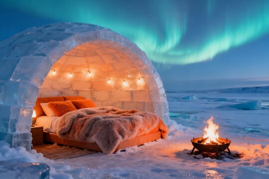 Ice dome with bed and northern lights