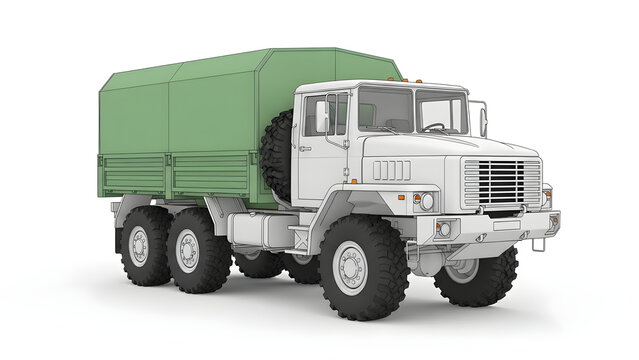 A large white military truck with a green cargo container driving on a road