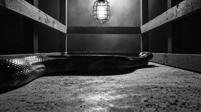 Low angle black and white shot of a snake slithering in a room illuminated by a hanging light