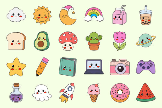 Kawaii Cute Sticker Pack Collection with Adorable Cartoon Food, Animals and Pastel Objects editable set