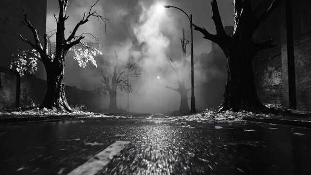 Eerie black and white street scene with spooky trees, fog, and light, creating a mysterious atmosphere.