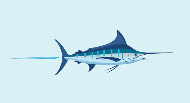 Blue Marlin Fish Swimming in Light Blue Water, Ocean Sport Fishing, Nautical Illustration