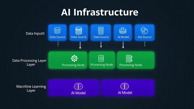 Ai infrastructure diagram with data input processing machine learning layers a digital schematic illustrating AI infrastructure distinct for input layer with multiple nodes