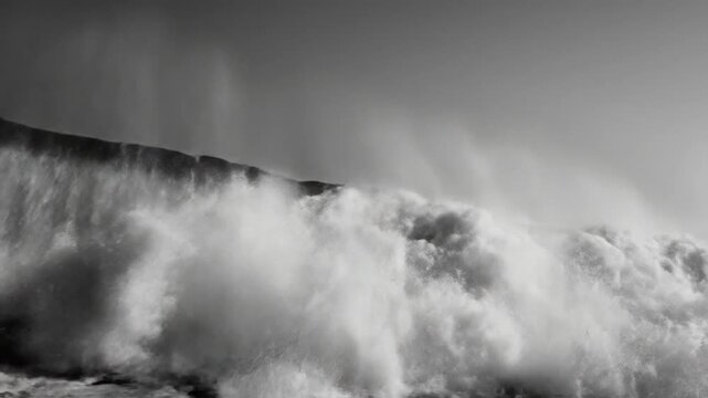 Epic Black and White Ocean Wave Crashing with Force and Power Creating Spray and Foam