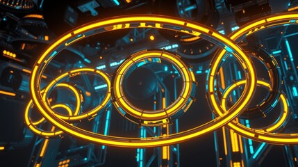 Fototapeta premium Futuristic neon rings, complex structure, dark background. Glowing lines create abstract digital tunnel effect. Intense colors dominate scene.