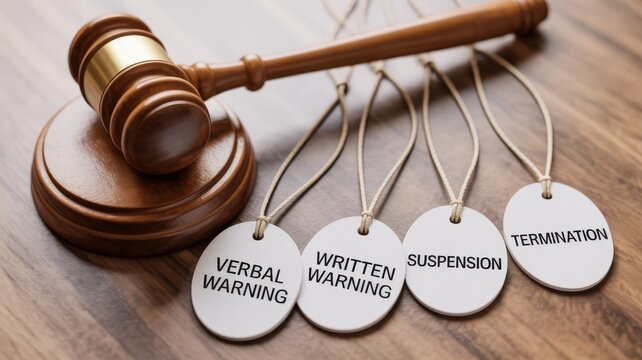 Disciplinary Actions and Legal Gavel on Wooden Desk