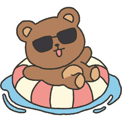 Fototapeta premium Cute teddy bear wearing sunglasses in swim ring summer icon