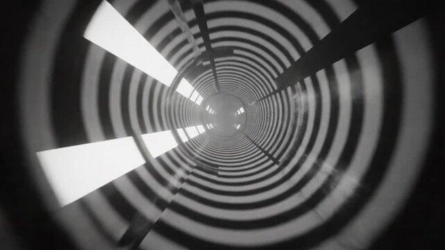 Black and white abstract tunnel with bright rectangular light shafts moving towards the distant bright end