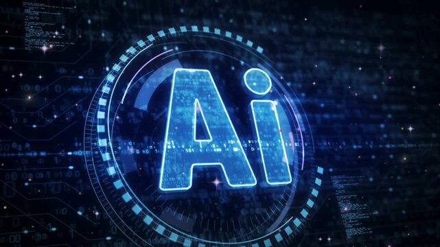 Glowing blue ai logo with binary code on dark background with futuristic elements and neon lights