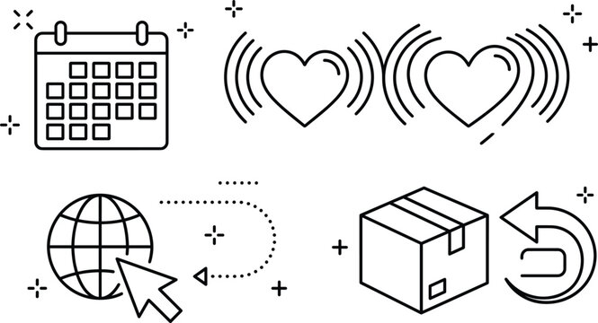 Ecommerce online shopping global delivery logistics vector illustration with calendar schedule love hearts cursor globe and return package