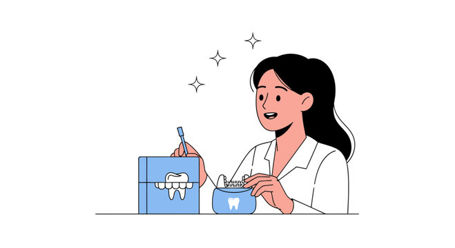 Dental hygiene concept: woman with toothpaste and dental tools for clean teeth