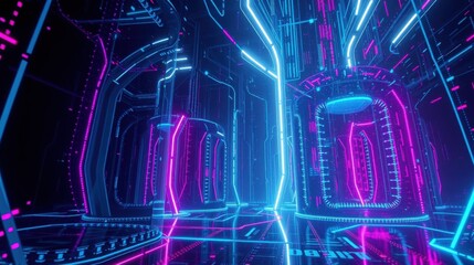 Fototapeta premium Futuristic corridor glows with vibrant neon lights. Pink, blue lines create complex geometric patterns. Dark background emphasizes bright illumination.