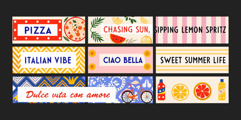 italian summer postcard set vibrant grid of travel themed illustrations © ChandanaRani