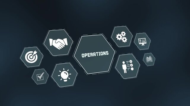 Corporate operations management and business strategy concept with abstract tech hexagon icons on dark backdrop