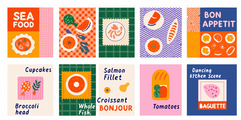retro food poster suite a grid of twelve illustrated food items © ChandanaRani