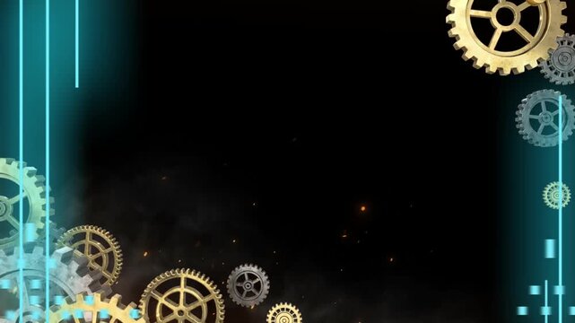 A futuristic digital illustration of metallic gears and cogs on a dark background with blue neon lines and particles