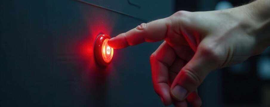 Close-up of hand activating a red emergency button , bright, detail