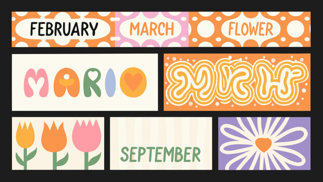retro calendar cards with month names and floral illustrations